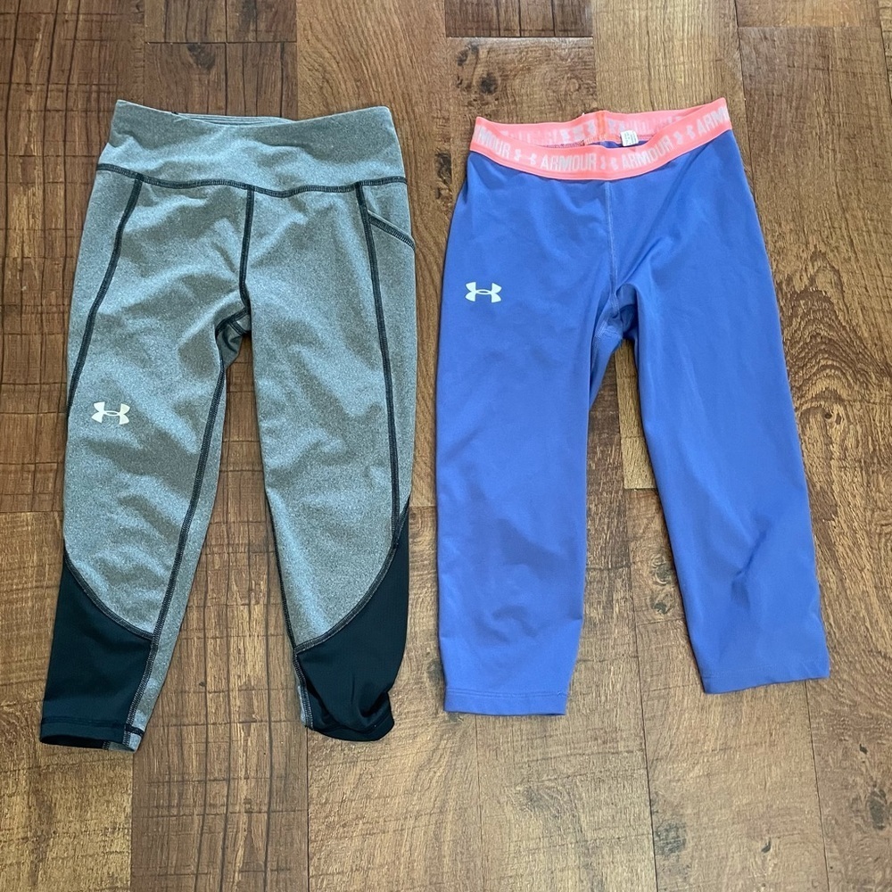 2 pairs under armour cropped leggings girls/youth size small 8 gray black